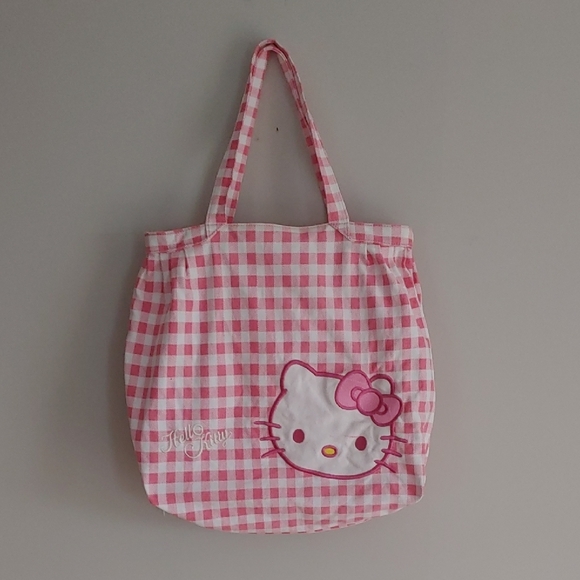 Hello Kitty Handbags - Sanrio Large Hello Kitty Pink Checkered Gingham zippered Tote Bag
